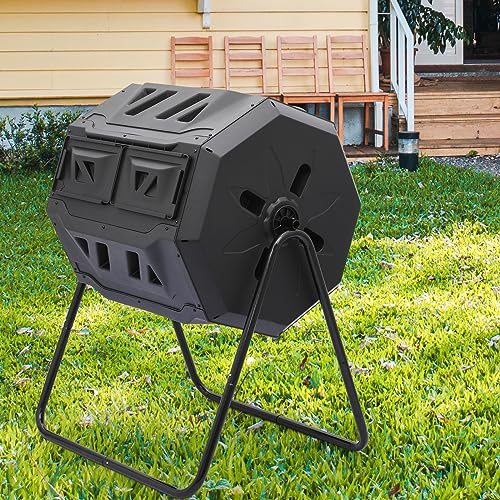 Magshion 43 Gal Chamber Compost Tumbler Outdoor Tumbling Composting Bins High Volume Garden Composter w/Dual Chamber Sliding Doors for Gardening, Black Sliding Doors - size: 43 Gal