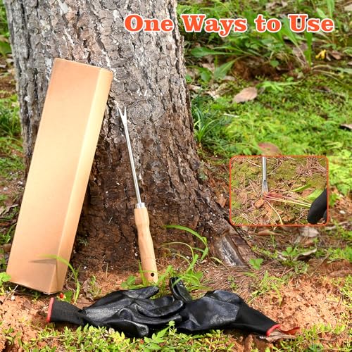 Wooden Handle Dandelion Weeder Tool - Polished Stainless Steel Dual - Forked Head Dandelion Weeder Puller Tool for Planting, Weeding, Flower & Vegetable Care with Nylon Nitrile Coated Gloves - color: silvery