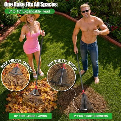 Adjustable Metal Leaf Rake for Leaves, 60 Inch Long Handle Yard Rake with 18 Metal Tines & 8-18" Expandable Head, Lightweight Garden Rake for Lawns, Grass Clippings, Pine Needles - size: 61 inch