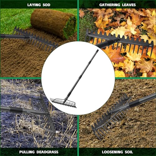 77'' Bow Rake ，17 Tines Metal Head Rakes with Stainless Steel Handle，Heavy Duty Garden Rake for Loosening Soil Gathering Leaf Leveling Lawn Farming Land Management Yarn Thatch Rake - style: 77inch
