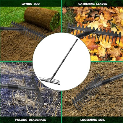 77'' Bow Rake ，17 Tines Metal Head Rakes with Stainless Steel Handle，Heavy Duty Garden Rake for Loosening Soil Gathering Leaf Leveling Lawn Farming Land Management Yarn Thatch Rake - style: 77inch
