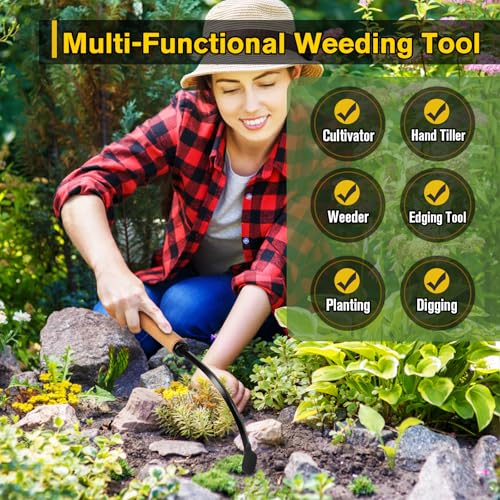 Weed Puller Tool, Manual Weeder with Heavy Duty Steel Curved Head, Hand Cultivator & Garden Hoe, Reusable Wood Handle Weeding Tool for Flower Beds & Vegetable Garden (Black)