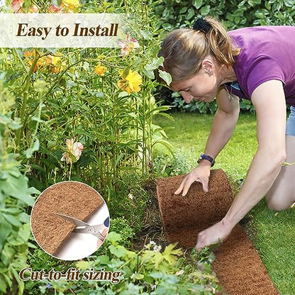 Natural Mulch for Landscaping 120" X 6.3", Coconut Fiber Mulch Mat Roll with 16 U-Shaped Steel Stakes, Garden Edging Border Mat Natural Looking Permanent Mulch Barrier for Plants Vegetables & Flowers