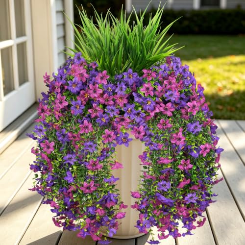 7PCS Artificial Fall Hanging Flowers for Outdoor, Six-Petaled Faux Mums - color: Purple