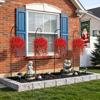 Artificial Flowers with Hanging Basket, Outdoor Faux Plants UV Resistant - color: Red