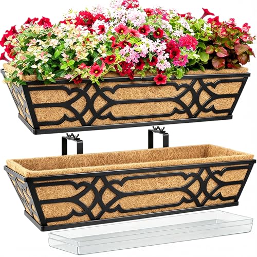 2 Pack 24 Inch Railing Planter Boxes with PET Water Storage Tray & Coco Liner, Window Boxes Planters for Deck Railing, Metal Hanging Flower Box for Outdoor Balcony Fence and Patio Garden - size: 24 Inch