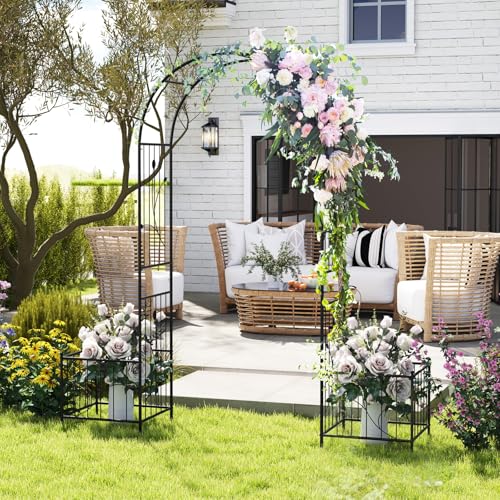 Giantex 86'' Metal Garden Arbor Arch Trellis with Planters, 8 Ground Stakes