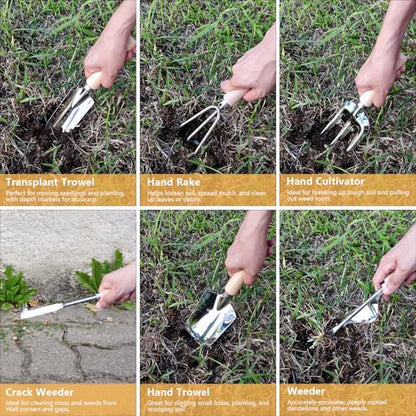 Weed Puller Tool, 6 Piece Stainless Steel Heavy Duty Weeding Tool, Weed Puller, Crack Weeder Tool, Weed Remover Tool with Ergonomic Wooden Handle, Gardening Gifts for Women - style: 6 Pieces