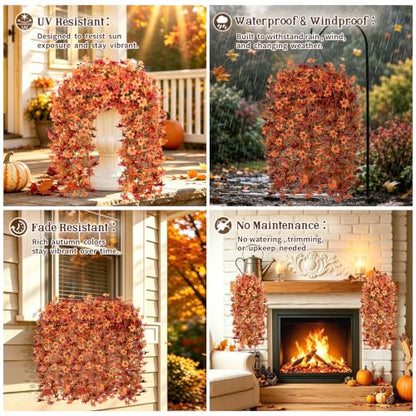 6 Pcs Artificial Hanging Mums for Outdoors, UV Resistant Fake Fall Flowers - color: Red Orange With Fall Leaves