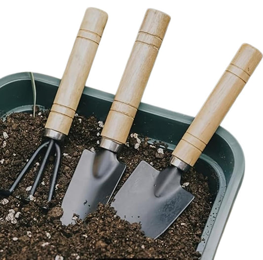 Garden Hand Tool Set, 3-Piece Mini Planting Tools with Wooden Handles, Trowel Rake and Cultivator