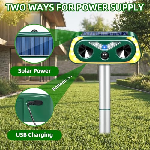 Upgraded Solar Animal Repellent Ultrasonic Outdoor Cat Deterrent Deer Repellent Devices,Waterproof Dog Repeller with Motion Sensor,Flashing Lights,Scare Squirrels Rabbits Raccoons Skunks Garden,2 Pack