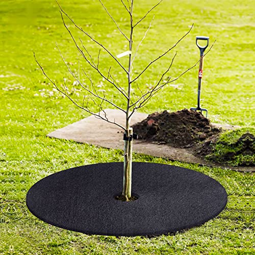 12-Pack Non-Woven Tree Mulch, 20.5 Inch Weed Control Mat with 16 Staples, Reusable Tree Protector for Grass and Pets - color: Black 20IN