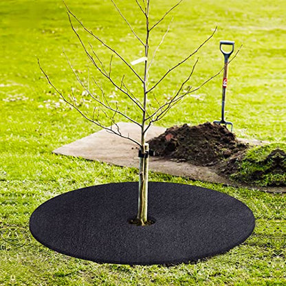 12-Pack Non-Woven Tree Mulch, 20.5 Inch Weed Control Mat with 16 Staples, Reusable Tree Protector for Grass and Pets - color: Black 20IN