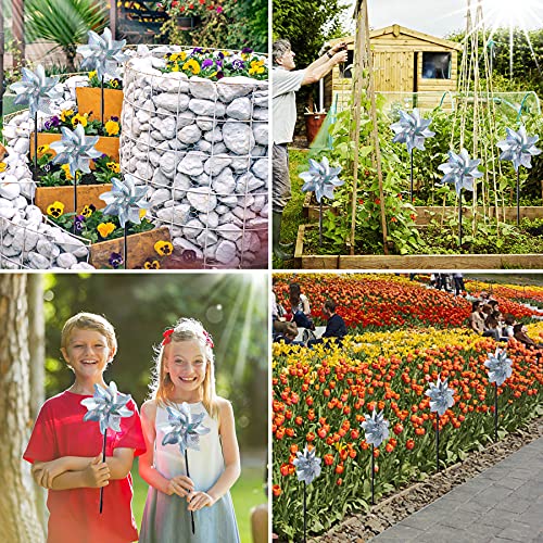 NOVWANG 16 PCS Reflective Pinwheels with Stakes, Extra Sparkly Pinwheels for Yard and Garden Pinwheels Bulk, Bird and Animal Deterrent Device to Scare Birds Away from Patio(Silver)