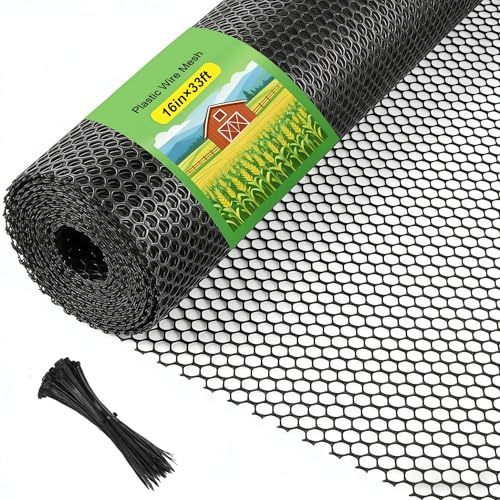 Plastic Wire Mesh Fence Roll 16 in x 33 ft Plastic Chicken Mesh with 50 Pcs Zip Ties Balcony Garden Netting Fencing Barrier for Dogs, Poultry, Puppy, Garden Snake Barrier - size: 16IN x 33FT + 50Ties