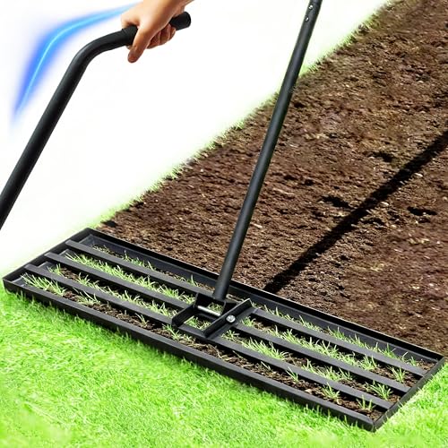 Lawn Leveling Rake, 48" Stainless Steel Head, Ergonomic Bent Handle, Level Soil & Sand, 6ft Long Handle for Yard, Garden, Sports Field - size: 48"x10"