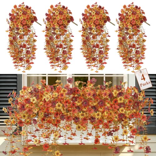Alupssuc 4 PCS Fall Hanging Flowers Artificial for Outdoor Indoor Decor - color: Orange Brown Yellow Ombre Orange