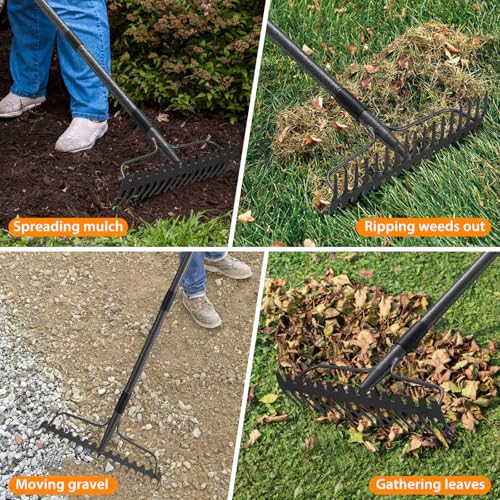 Garden Rake, 63 Inch Long Handle with 17 Tongs, Heavy Duty Metal Bow Rake for Loosening Leveling Soil, Garden Leaf Rake for Raking Leaves Grass , Weeding, Metal Yard Thatch Lawn Care Garden Tool - style: 63"