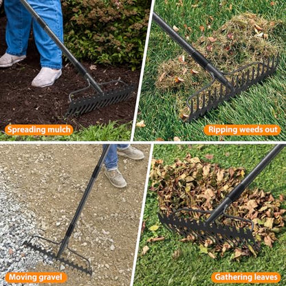 Garden Rake, 63 Inch Long Handle with 17 Tongs, Heavy Duty Metal Bow Rake for Loosening Leveling Soil, Garden Leaf Rake for Raking Leaves Grass , Weeding, Metal Yard Thatch Lawn Care Garden Tool - style: 63"