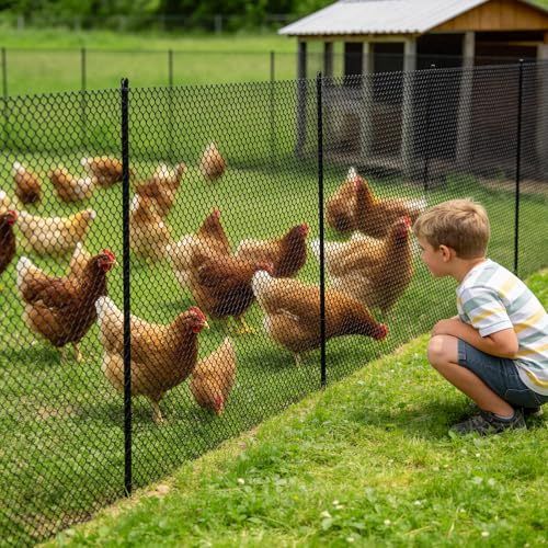 Plastic Chicken Wire Mesh Fence with Metal Stakes, 39.4in x 82ft - color: Black Diamond Grid