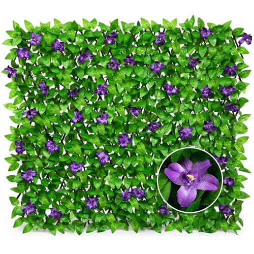 DOEWORKS Expandable Faux Ivy Trellis Fence, Patio Privacy Screen, 1 Pack - color: Purple Flowers, size: 16 x 45 in, 1 Panel