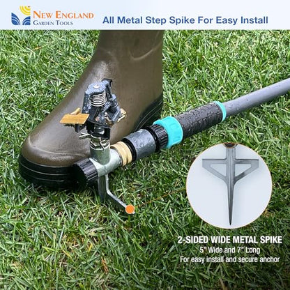 Impact Pulsating Sprinkler 300009 on Metal Step Spike, 70 ft Diameter Reach, 360° Range Control to Cover up to 3,900 Sq Ft for Farm, Lawn and Garden Irrigation, by New England Garden Tools