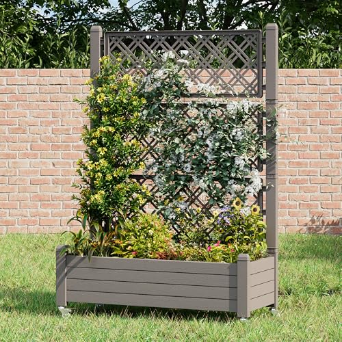 Trellis Raised Garden Bed, Self-Watering Planter Box, Gary - color: Gray, size: 61.2" H