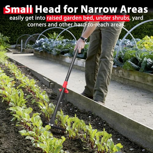 Rake, Adjustable Rakes for Leaves with 9”-17” Head, Rakes for Lawns Heavy Duty, 60 in Garden Rake with 18 Clog-Free Tines, Long Handle, Metal Gardening Tool, Fast Cleanup, Easy Carry for Camping - style: 5 FT