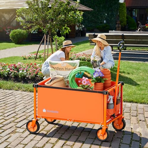 29.3" Collapsible Wagon Cart, 150L Heavy Duty Folding Utility Wagon with Wheels, 260 lbs Load, Portable Rolling Cart for Garden, Shopping, Sports, Camping, Orange - color: Orange, size: 150L