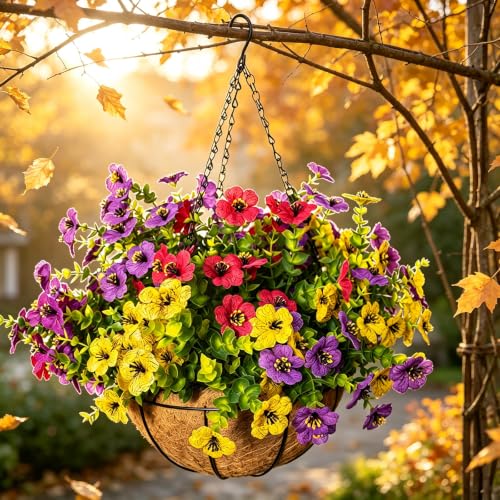 Artificial Hanging Flowers, UV Resistant, 12 Bundles, 4 Colors - color: Fuchsia+rose Red+purple+yellow