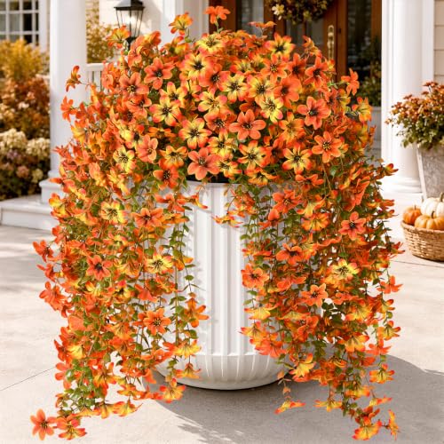 Artificial Fall Flowers Fake Mums UV Hanging Plants for Outdoors Decor - color: Orang,brown,autumn Yellow