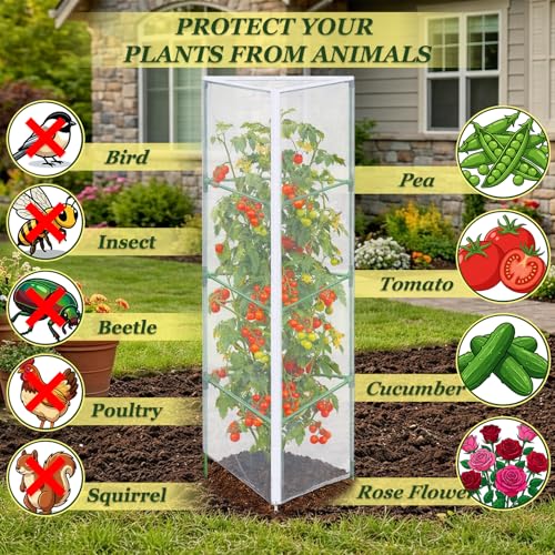3PCS Garden Bird Netting for Triangle Tomato Cage with Zipper & Drawstring - size: 17.7x17.7x55in