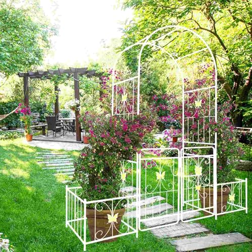 Garden Arch with Gate and Planter Boxes, 86.6" H Metal Archway for Climbing Plants, Iron Rose Trellis Arbor with Butterfly Design for Wedding Backyard Patio Lawn Decor