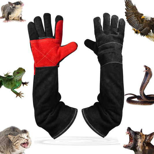 Animal Handing Gloves Bite Proof,Leather Welding Gloves,Multipurpose Puncture Proof Glove for Dog,Cat,Reptile,Snake - color: Black+red, size: 23.6 inches