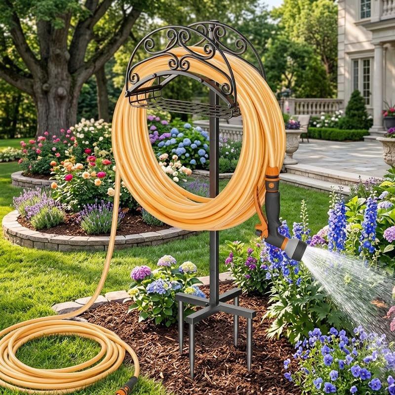 Metal Garden Hose Holder Free Standing, Heavy Duty Detachable Water Hose Stand Rack with Storage Basket, Outdoor Yard Pipe Organizers and Hanger, Ground Stake