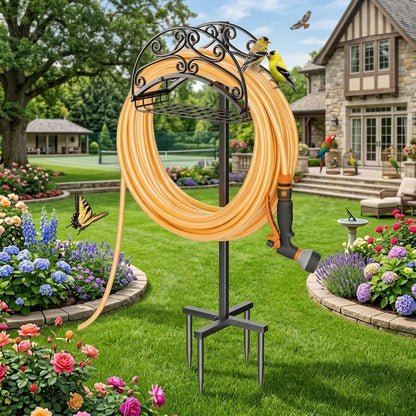 Metal Garden Hose Holder Free Standing, Heavy Duty Detachable Water Hose Stand Rack with Storage Basket, Outdoor Yard Pipe Organizers and Hanger, Ground Stake