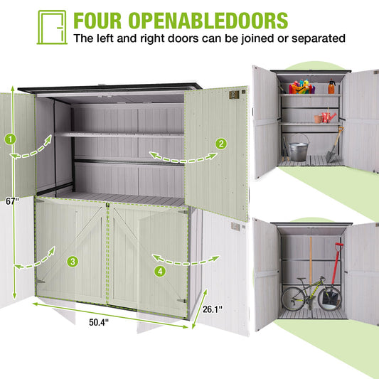GUTINNEEN Outdoor Storage Cabinet Durable Metal Frame and Solid Wood Vertical Tool Shed with 3 Adjustable Height Shelves and Bottom Floor for Patio, Garden, Backyard, 55" L x 29" W x 67" H - color: White