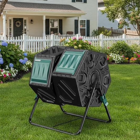 East Oak Dual Chamber Outdoor Compost Tumbler, 2×18.5 Gallon Compost Bin, Rotating Composter with Aeration & Locking System for Garden, Kitchen & Yard - color: Black, size: 37gallon