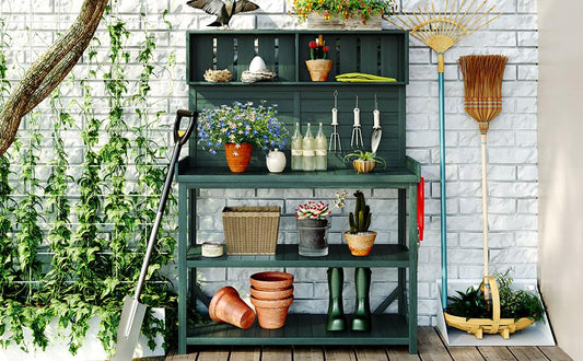 Gecheer 65" Rustic Wooden Farmhouse Potting Bench for Outdoor Garden Use – Forest Green Workstation with 4 Storage Shelves, Side Hooks & Splash Plate