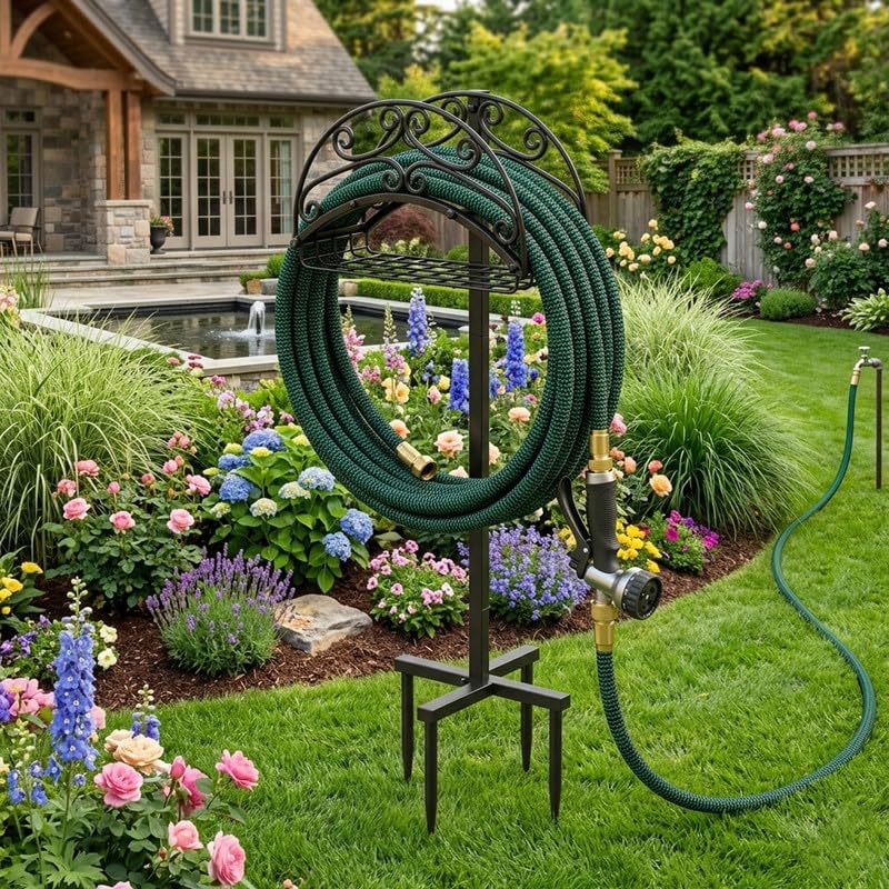 Metal Garden Hose Holder Free Standing, Heavy Duty Detachable Water Hose Stand Rack with Storage Basket, Outdoor Yard Pipe Organizers and Hanger, Ground Stake