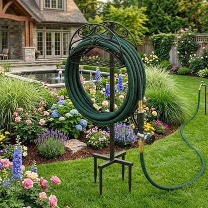 Metal Garden Hose Holder Free Standing, Heavy Duty Detachable Water Hose Stand Rack with Storage Basket, Outdoor Yard Pipe Organizers and Hanger, Ground Stake