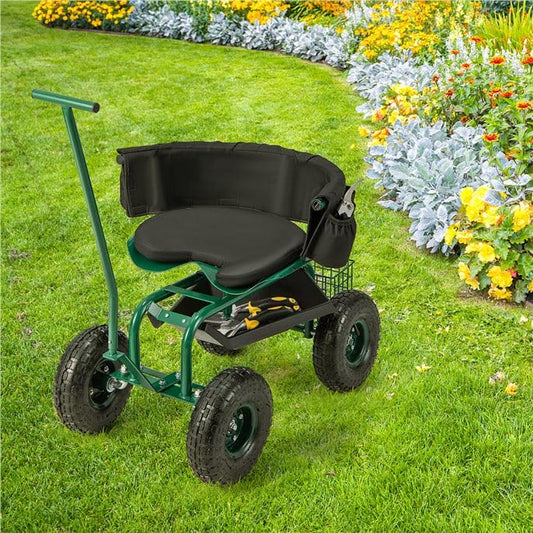 ERGOMASTER Garden Cart Rolling Workseat with Wheels,2 Steering Handles,360 Degree Swivel Seat & Tool Storage, Use for Patio, Yard, and Outdoors Workseat, Green - color: Green