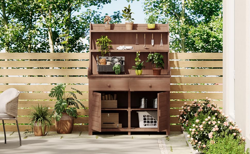 Patio Storage Outdoor Cabinet Potting Bench Table with Drawers - color: Brown - 50.00 X 26.00 X 13.00 Inch