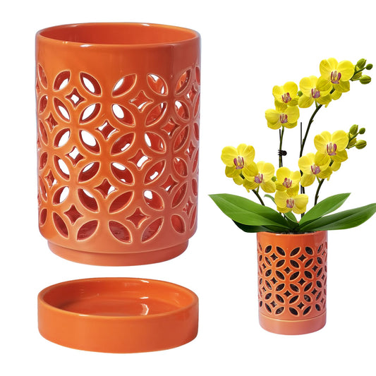 Orchid Pot 4 Inch, Breathable Slotted Orchid Pot with Holes & Saucers, Orange - color: Orange Coin