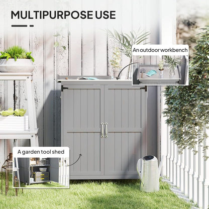 Outdoor Storage Cabinet, Garden Tool Shed with Stainless Steel Tabletop and Shelf, Wooden Potting Bench with Double Doors, Gray