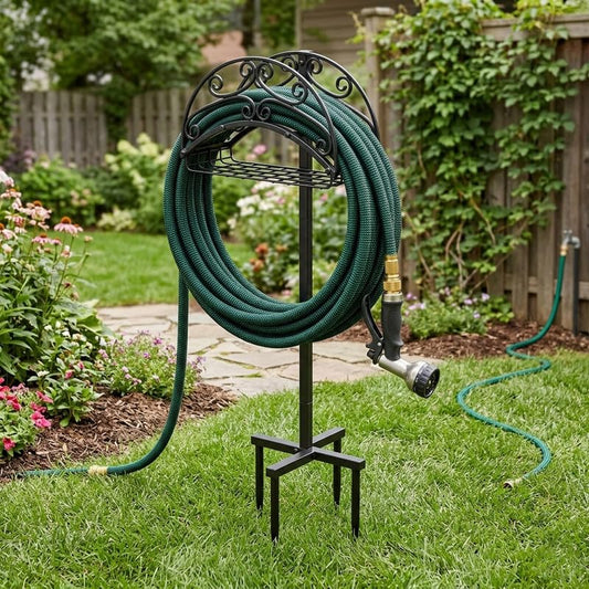 Metal Garden Hose Holder Free Standing, Heavy Duty Detachable Water Hose Stand Rack with Storage Basket, Outdoor Yard Pipe Organizers and Hanger, Ground Stake