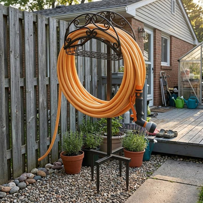 Metal Garden Hose Holder Free Standing, Heavy Duty Detachable Water Hose Stand Rack with Storage Basket, Outdoor Yard Pipe Organizers and Hanger, Ground Stake