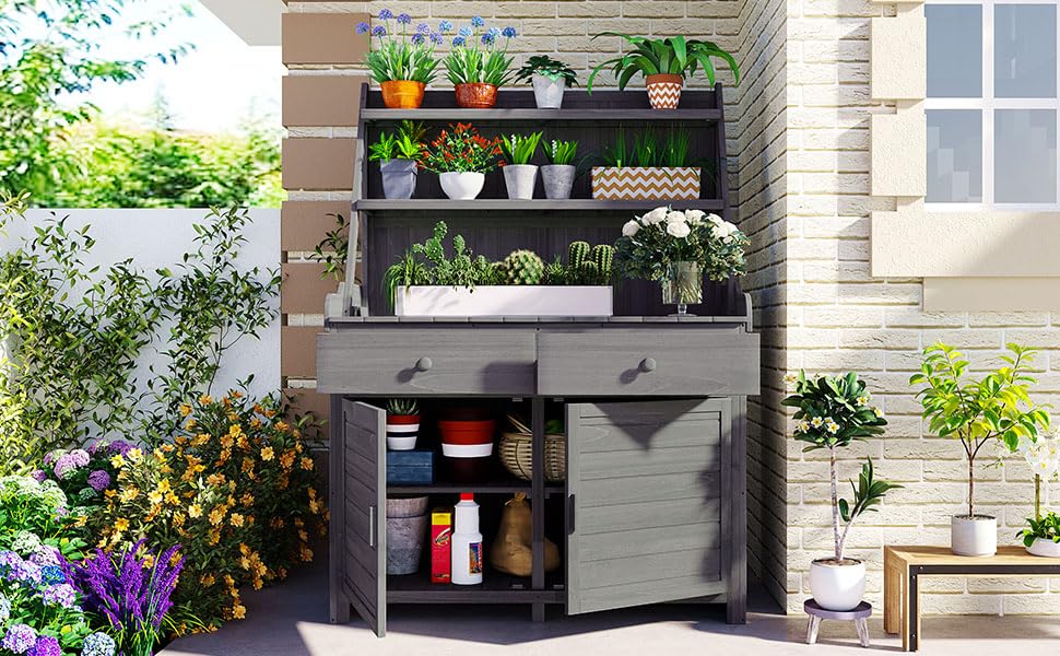 Outdoor Storage Potting Bench Table with Cabinet, Drawers and Shelves - color: Gray - 50.00 X 26.00 X 13.00 Inch
