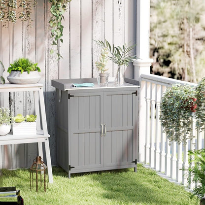 Outdoor Storage Cabinet, Garden Tool Shed with Stainless Steel Tabletop and Shelf, Wooden Potting Bench with Double Doors, Gray