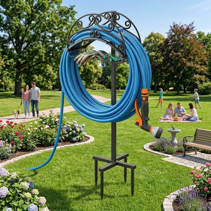 Metal Garden Hose Holder Free Standing, Heavy Duty Detachable Water Hose Stand Rack with Storage Basket, Outdoor Yard Pipe Organizers and Hanger, Ground Stake